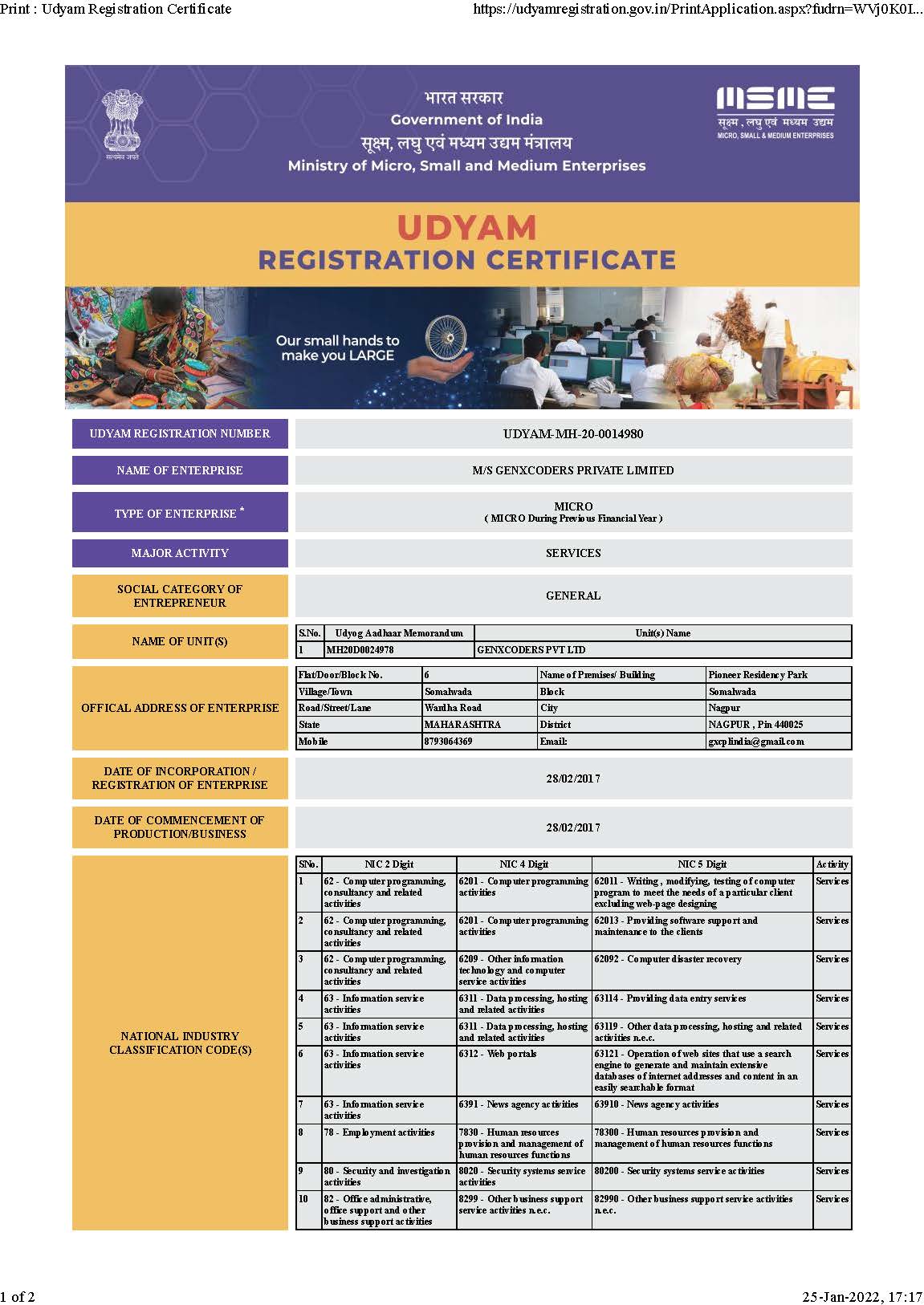 Innovative IT Solutions and Services by GenXCoders Pvt. Ltd. - Udyam Registration Certificate